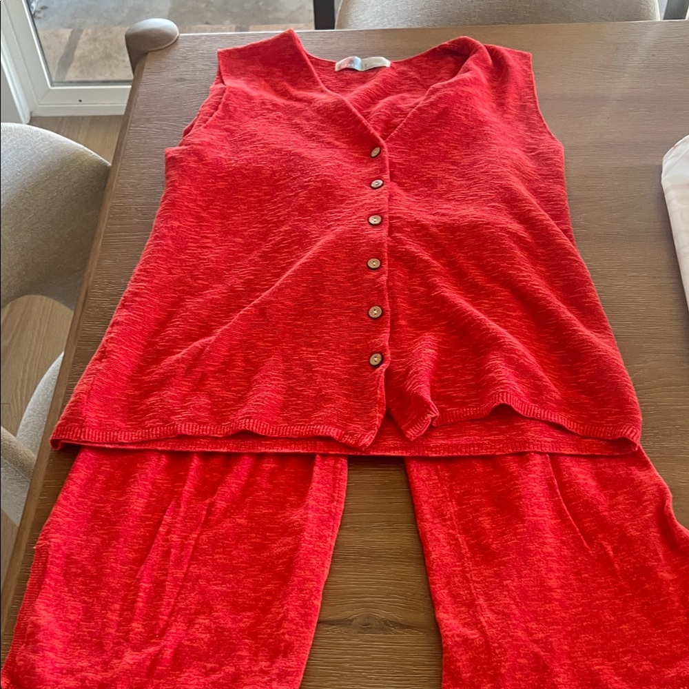Free People Red Button-Down Top and Pants Set